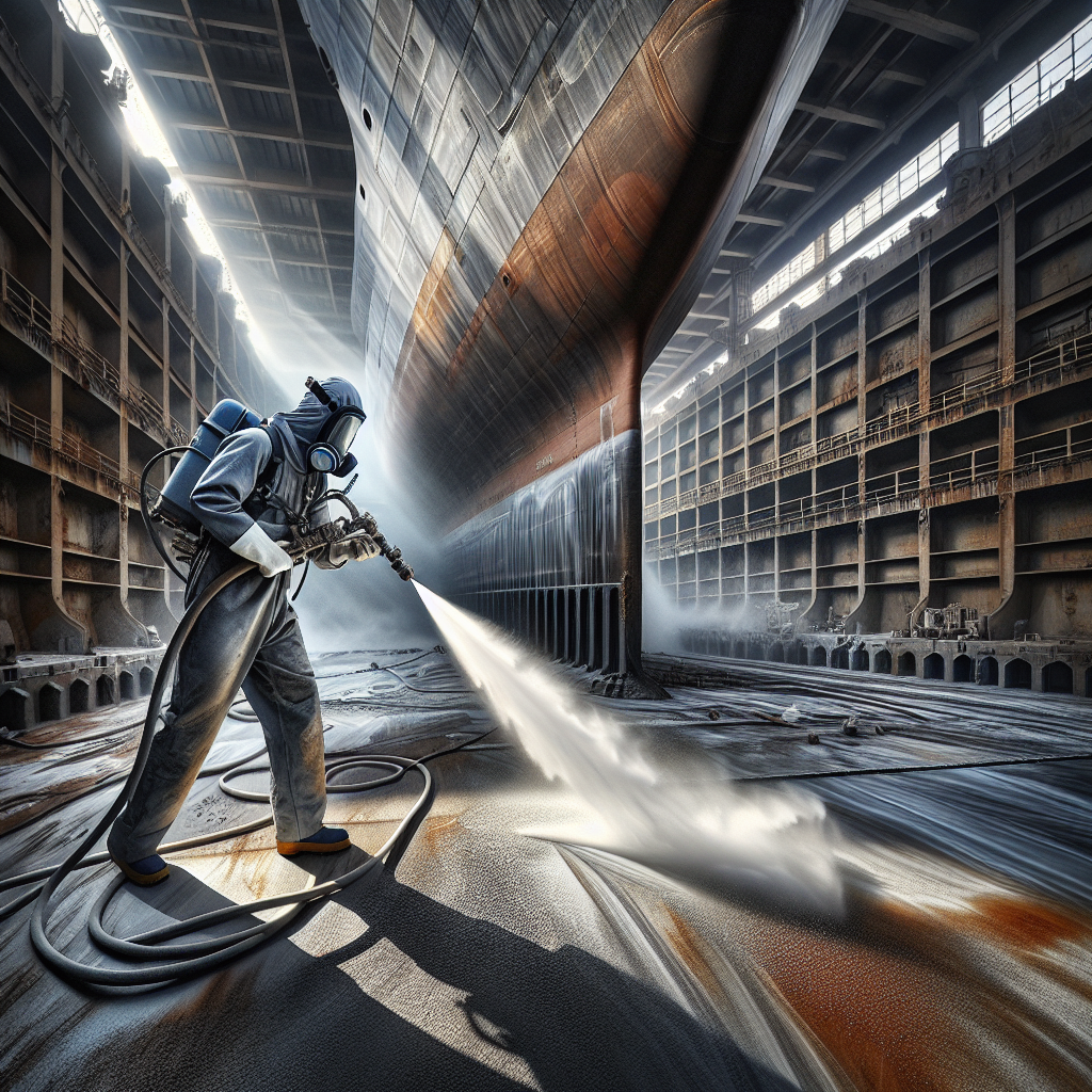 A worker in a dry dock using an abrasive blasting hose on a rusted ship hull, revealing clean metal underneath.