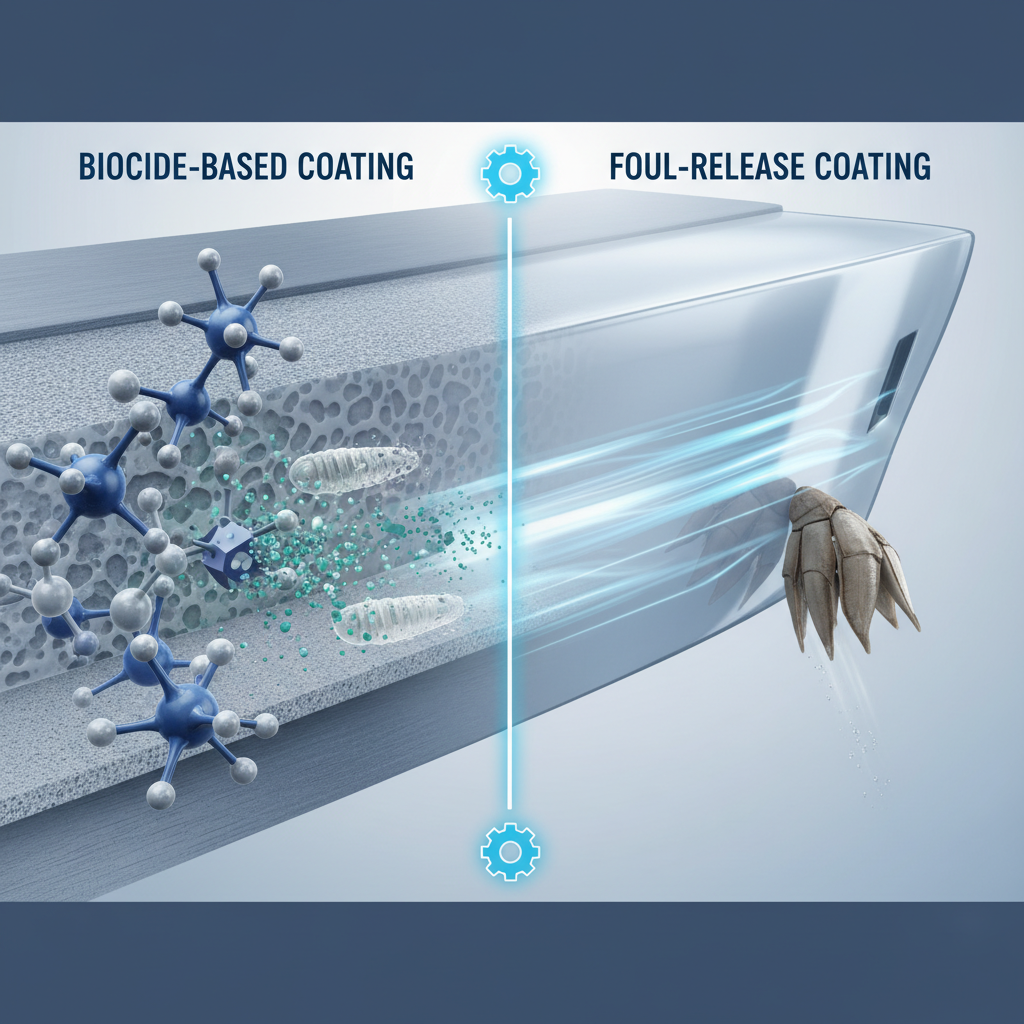 Technical diagram comparing biocide-based and foul-release antifouling technologies on a ship's hull.