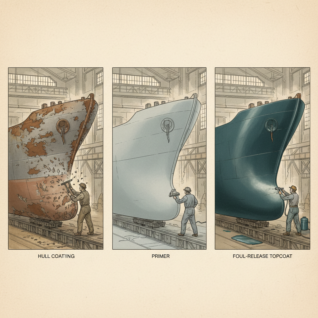 Vintage scientific illustration showing the 3-step process of applying new hull coating in a dry-dock.