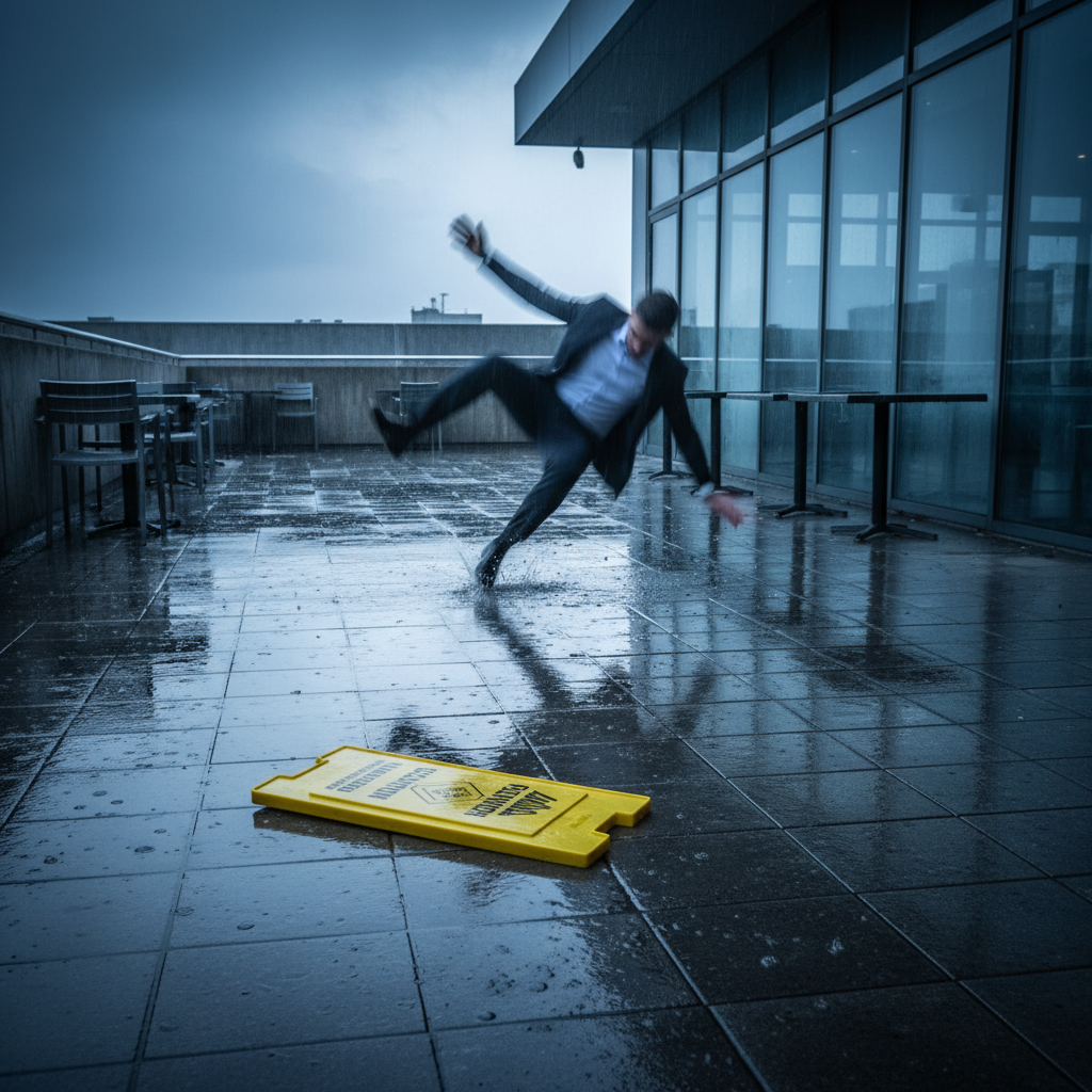 A dramatic, photorealistic action shot of a person slipping on a wet, neglected commercial patio, with motion blur to convey movement.