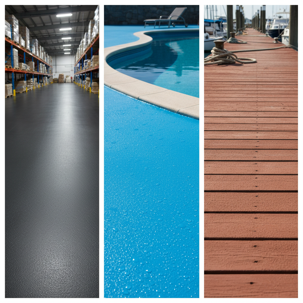 Triptych display showing durable gray epoxy, vibrant polyurethane, and classic alkyd non-slip deck coatings on different surfaces.