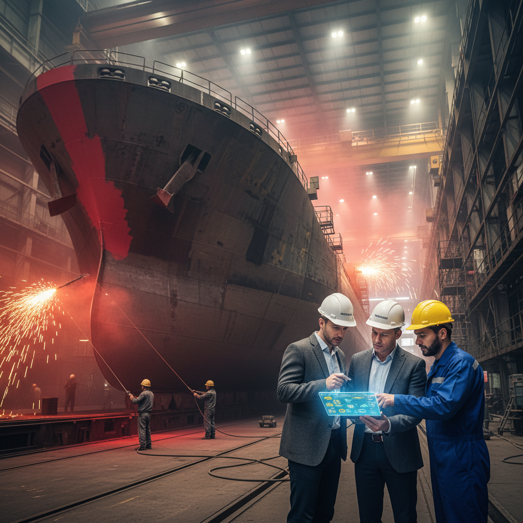 Shipowner, shipyard manager, and paint representative reviewing blueprints in a dry dock next to a newbuild cargo ship.