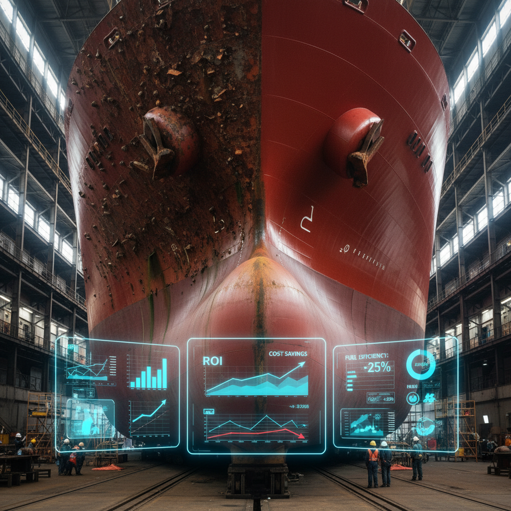 A dramatic split-view of a massive cargo ship's hull in a dry dock; one half is heavily corroded with rust and marine growth, the other half is pristine with a vibrant red high-performance coating.
