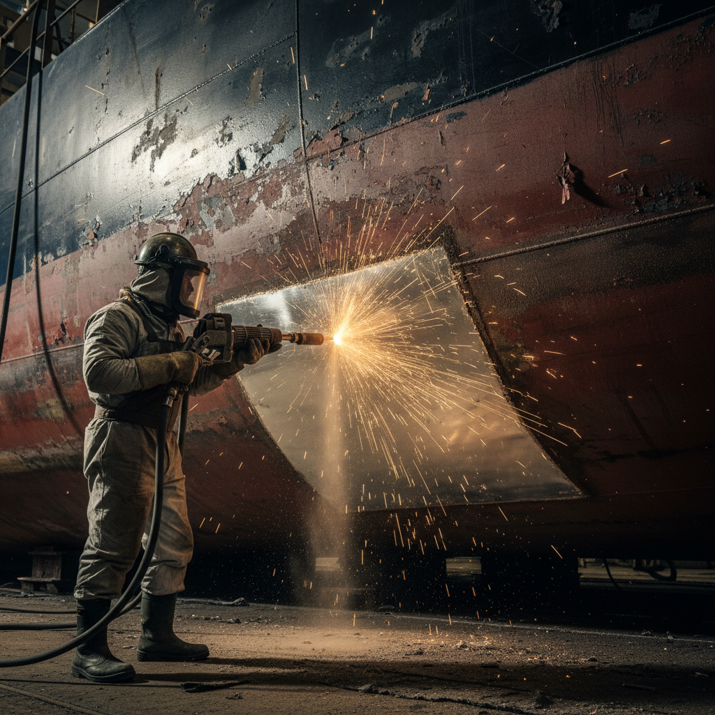 Dynamic, close-up action shot of a shipyard worker in full protective gear using a high-pressure sandblaster on a ship's hull.