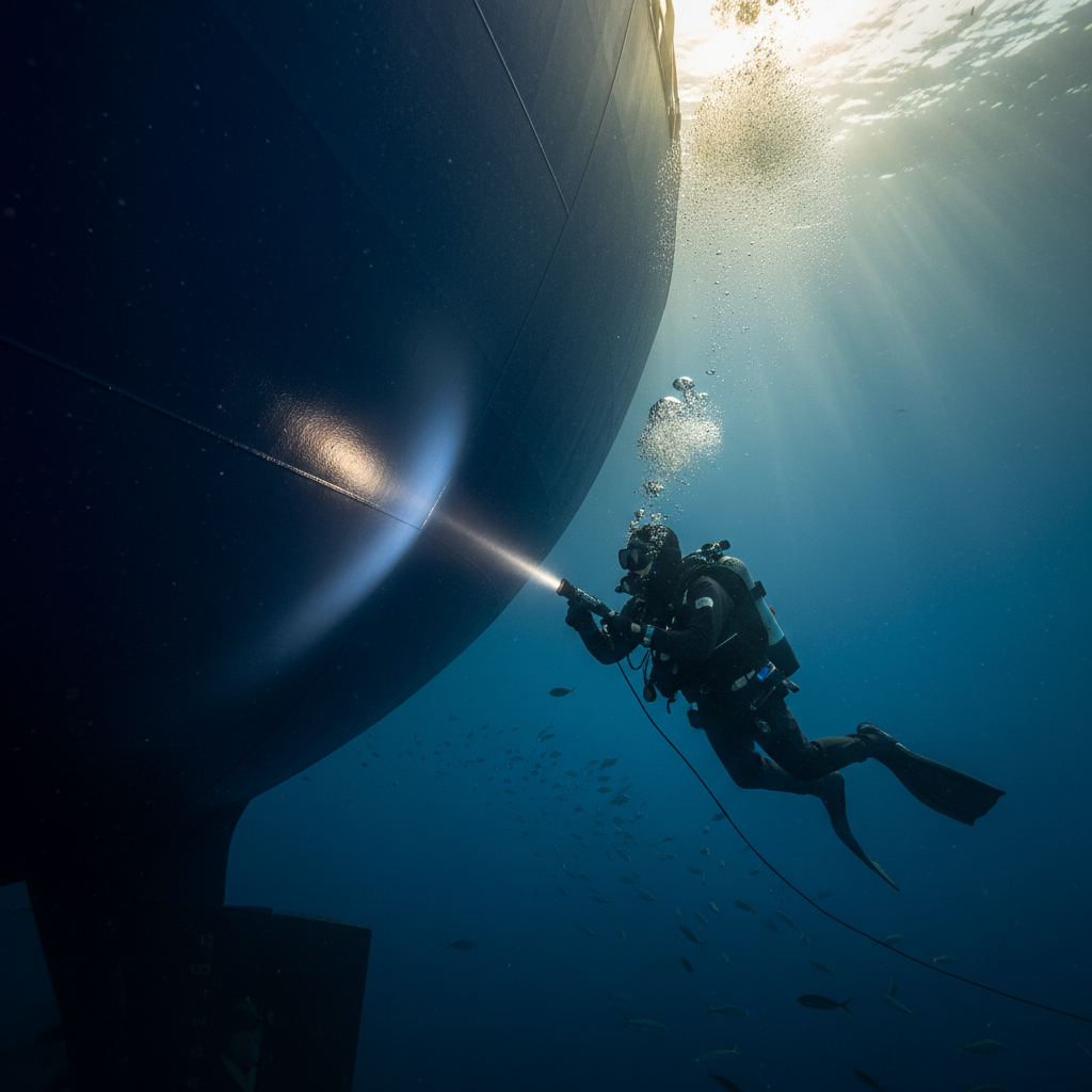 Hyperrealistic underwater shot of an inspection diver with a bright torch examining a ship's hull.