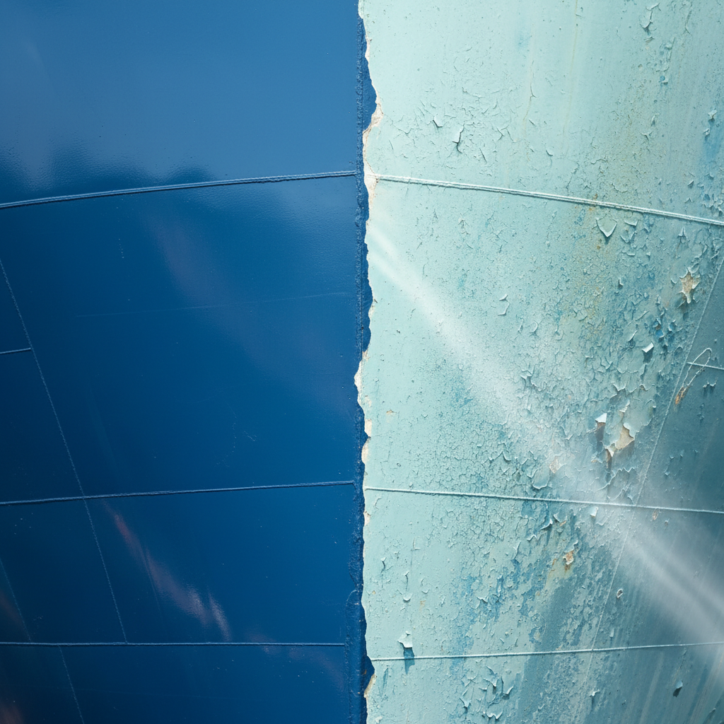 Split-screen image showing one half of a ship's hull with brilliant, high-gloss blue paint, and the other half faded, chalky, and cracked from UV degradation.