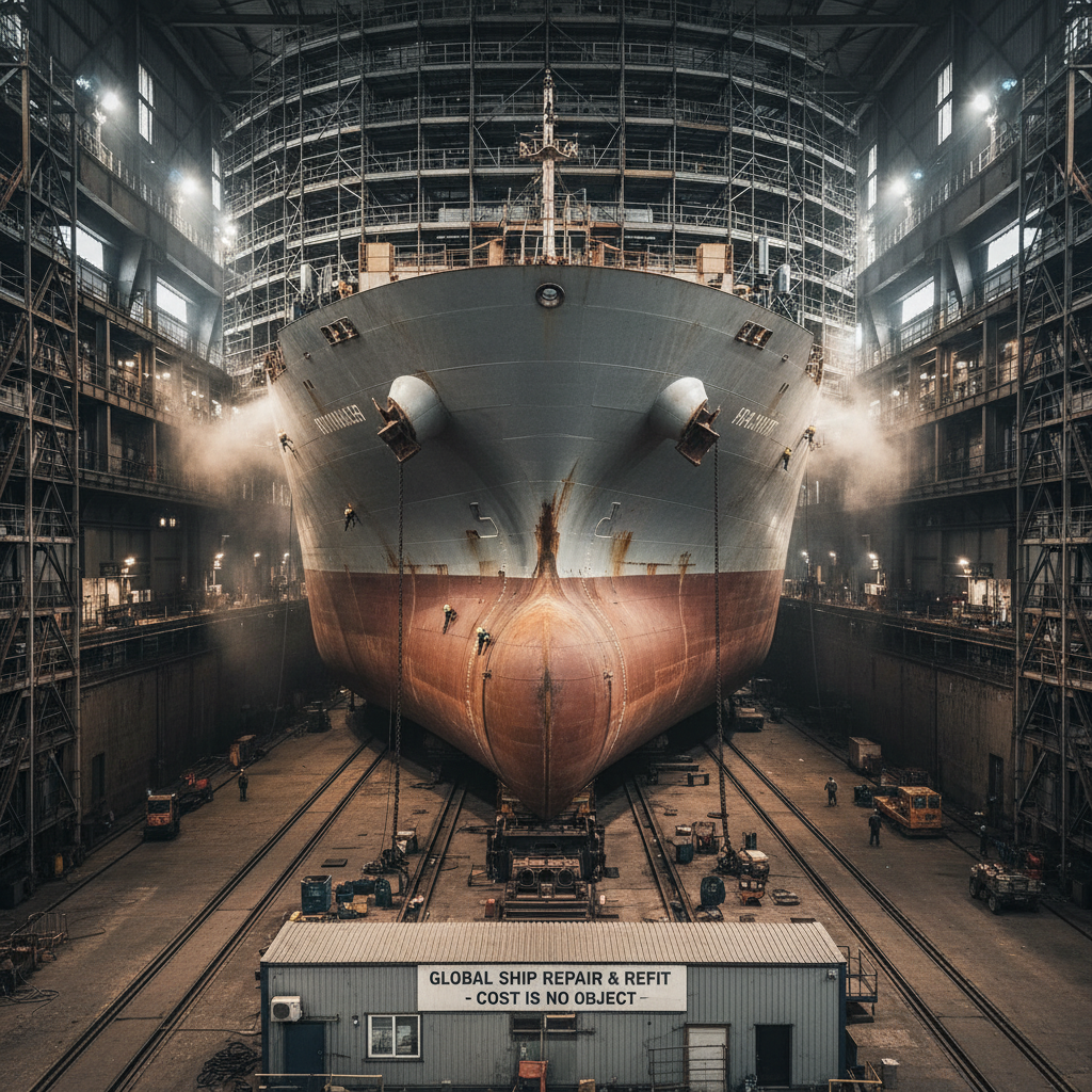 A massive cargo ship in a dry-dock surrounded by scaffolding, with workers sanding the hull, illustrating the high cost of vessel maintenance.
