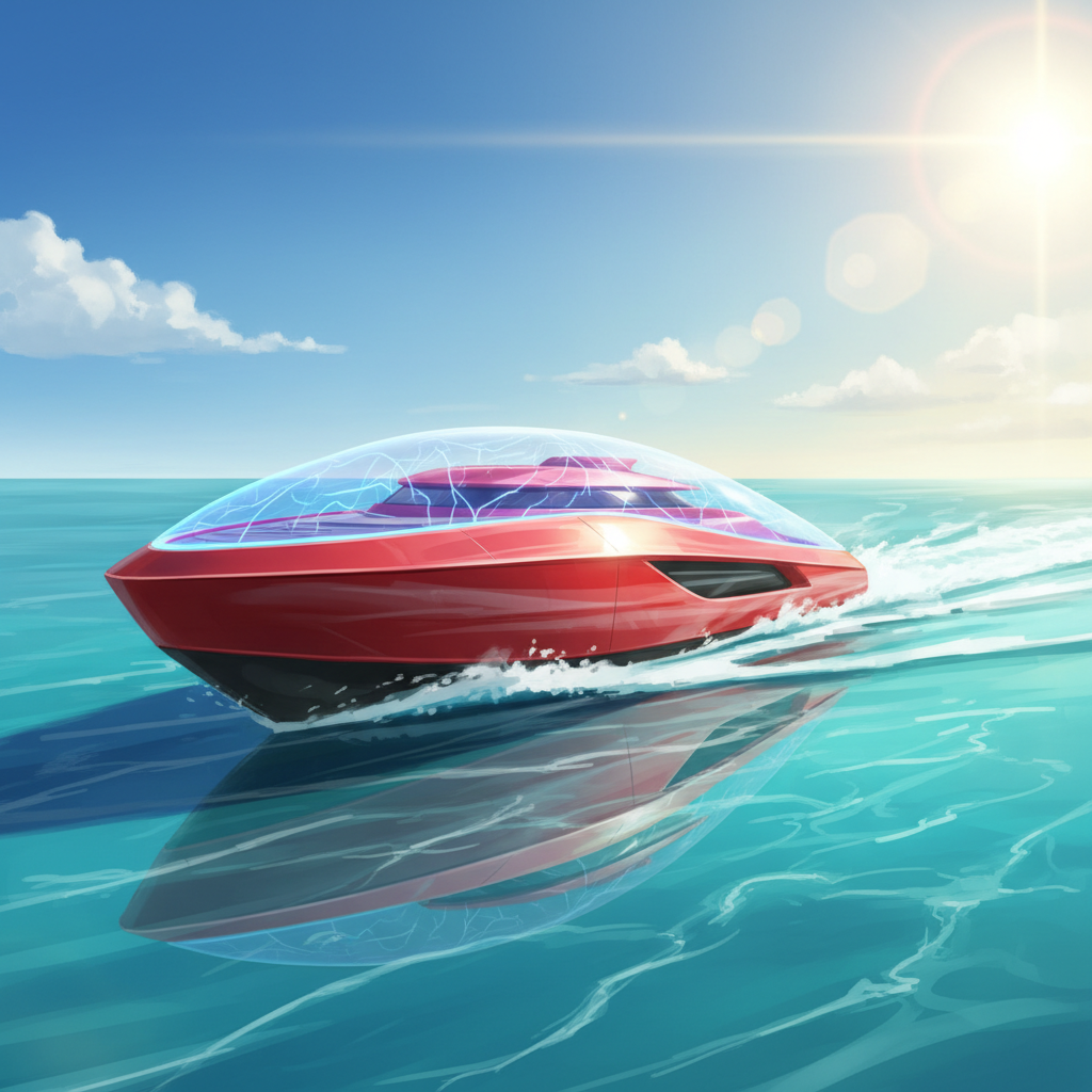 A modern vessel with a mirror-like red finish is protected by a glowing energy shield, representing a polyurethane coating deflecting UV rays.