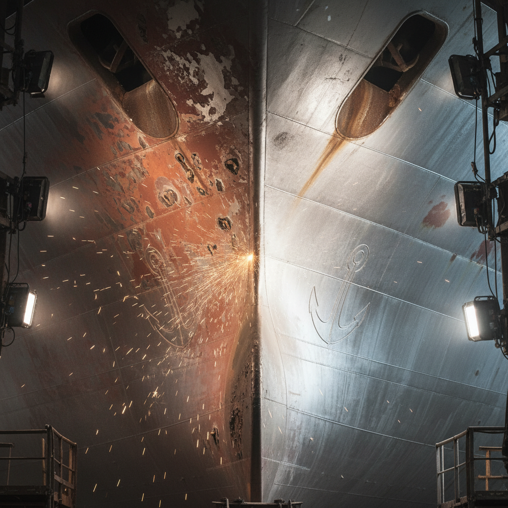 A hyper-realistic, close-up shot of a ship's hull undergoing abrasive blasting in a dry dock.