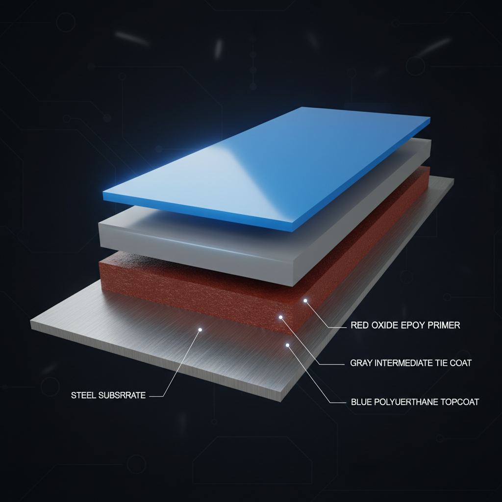 A sleek, 3D cutaway illustration of a ship's steel plate, showcasing the multi-layer marine coating system.