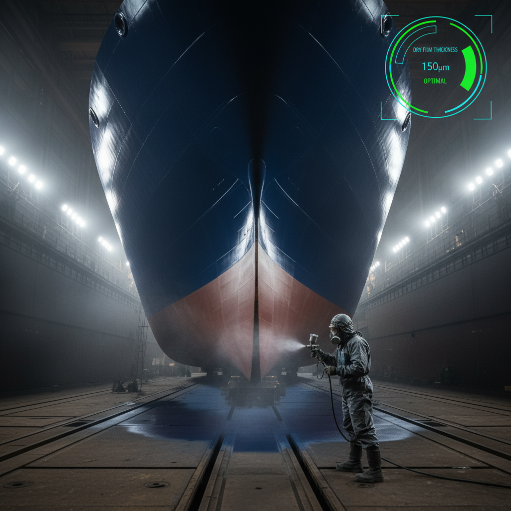 A cinematic, wide-angle photo of a painter applying a topcoat to the massive hull of a ship.
