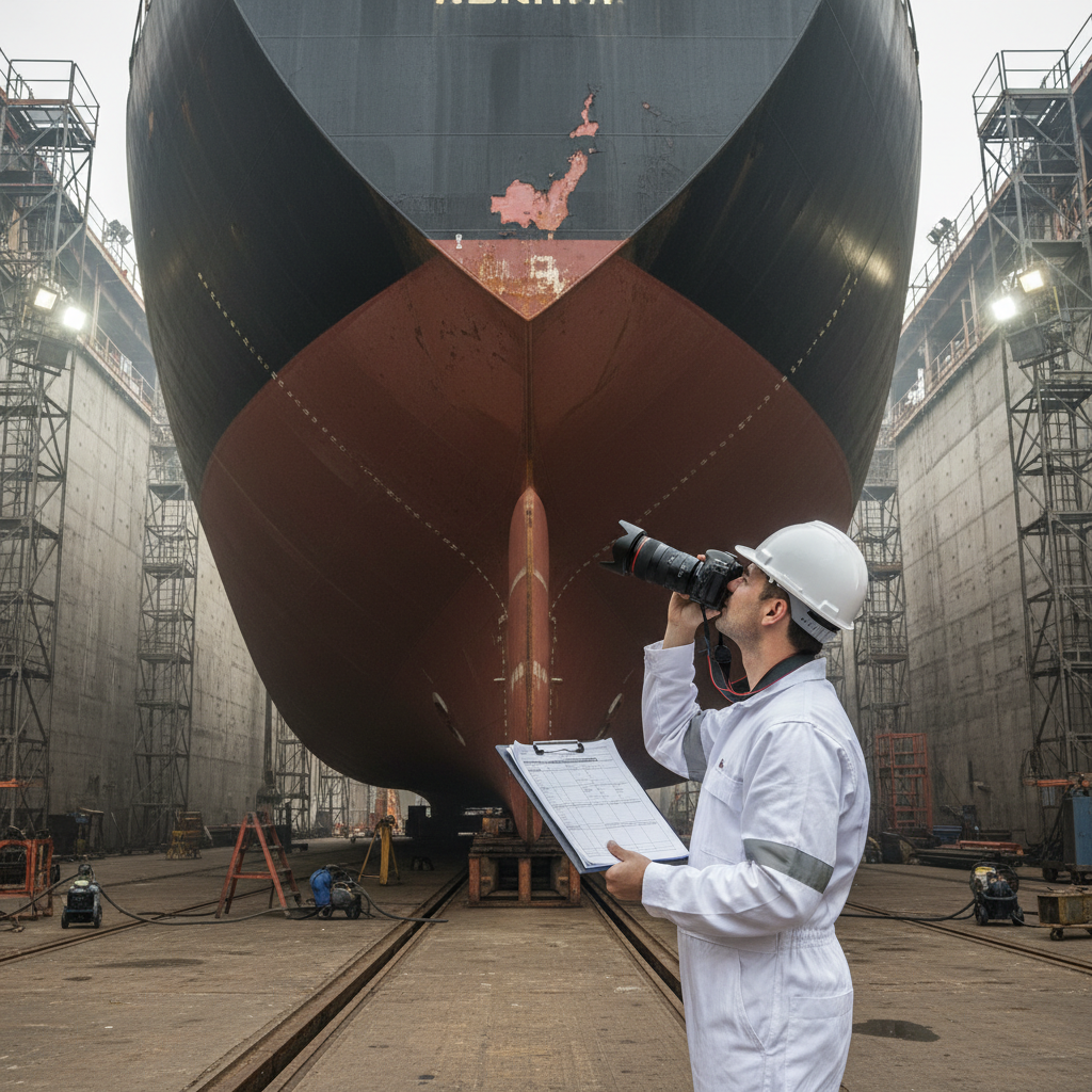 A marine surveyor inspecting a ship's hull with a clipboard and checklist.
