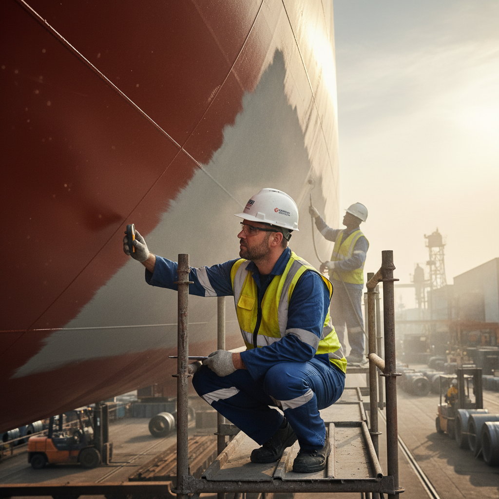 A paint manufacturer's technical service representative in a hard hat meticulously inspecting the freshly painted hull of a ship with a dry film thickness gauge. In the background, shipyard workers apply paint, creating a dynamic scene of quality control.