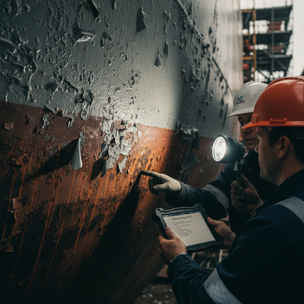 A close-up, gritty documentary-style shot of a ship's hull showing premature coating failure: blistering, flaking paint, and visible rust. A joint inspection team of three people examines the damaged area, referencing a Coating Technical File on a tablet.