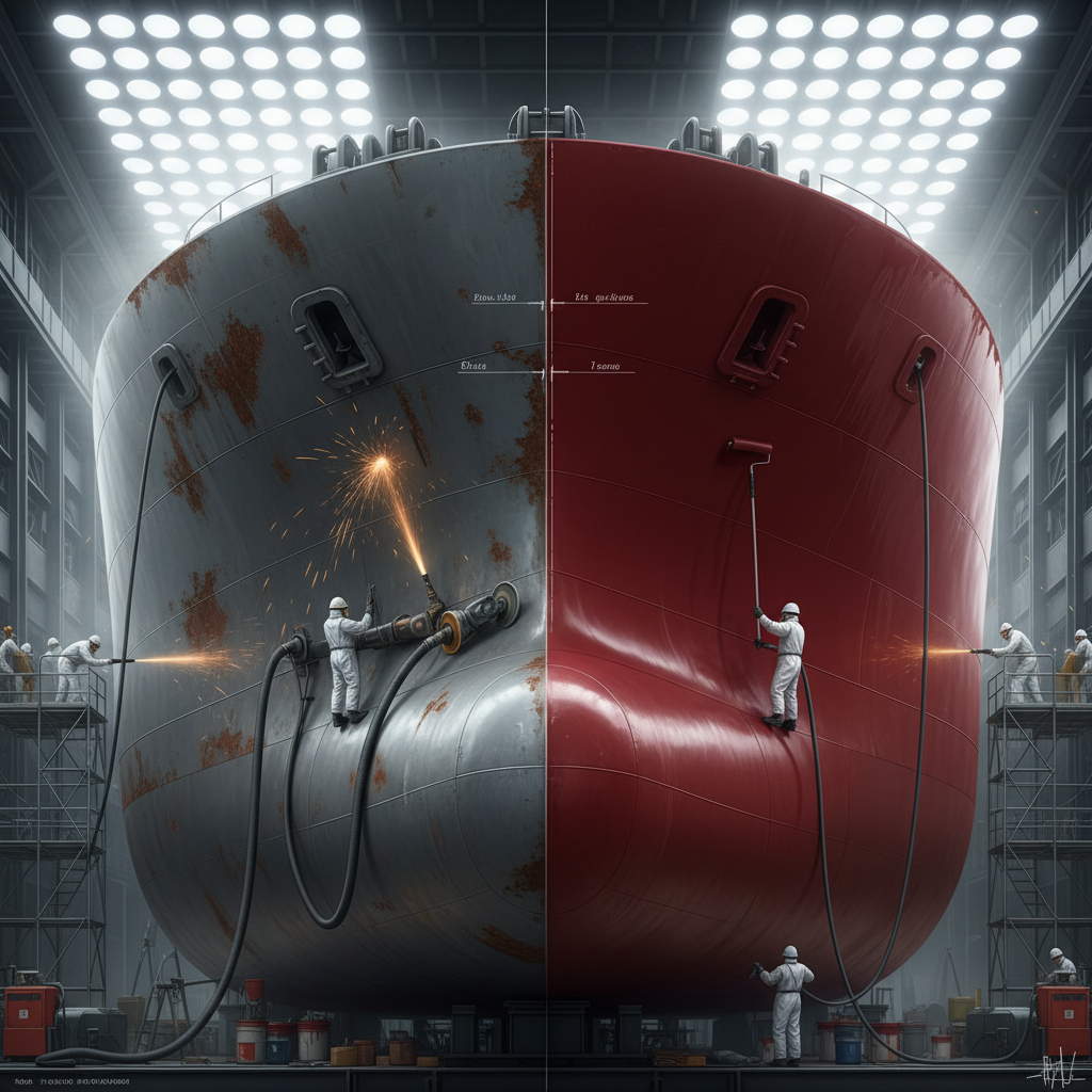 A split view of a newbuild ship's hull showing raw steel and a smooth red epoxy primer being applied in a dry dock.