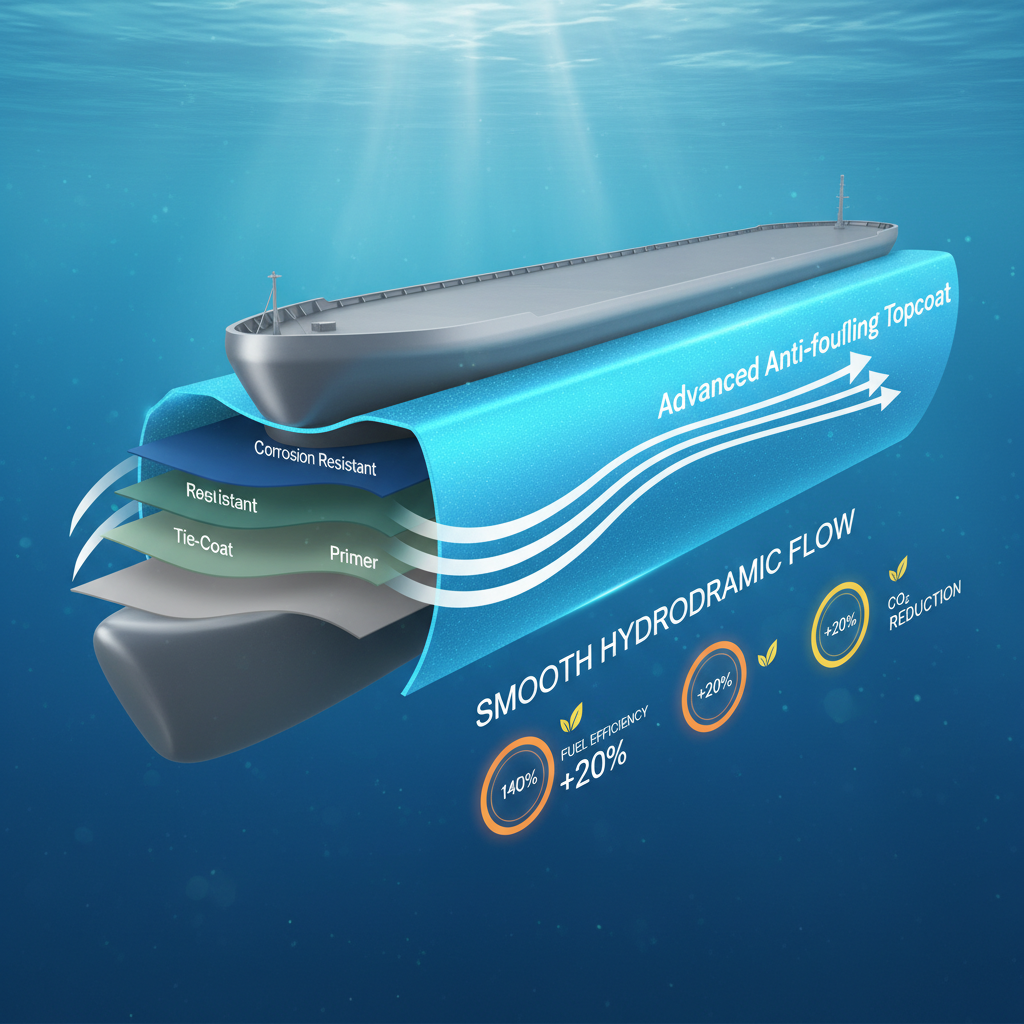 Infographic cutaway of a ship's hull with coating layers, demonstrating smooth hydrodynamic flow and fuel efficiency.