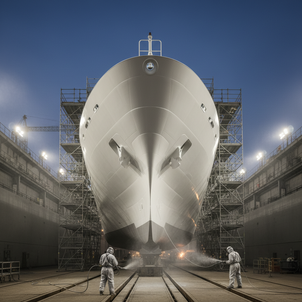 Applicators in a shipyard at dusk spray-painting the gleaming topcoat onto a newbuild vessel's hull.