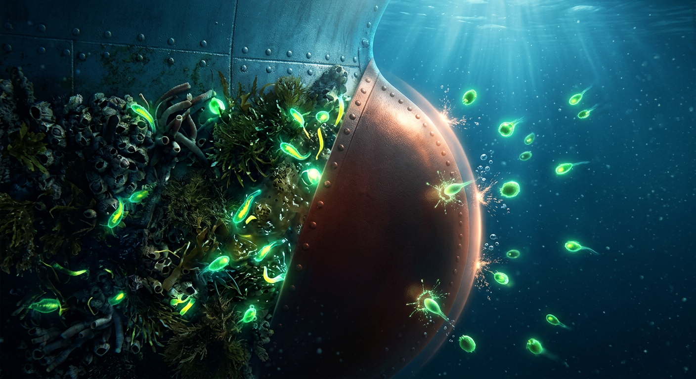 A dramatic macro view of a ship's hull underwater, showing a microscopic shield of cuprous oxide repelling glowing barnacle and algae spores.