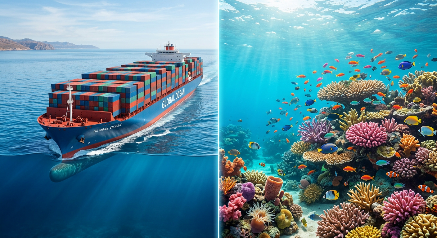 A split-screen visual showing an efficient cargo ship next to a thriving marine ecosystem, symbolizing environmental compliance.