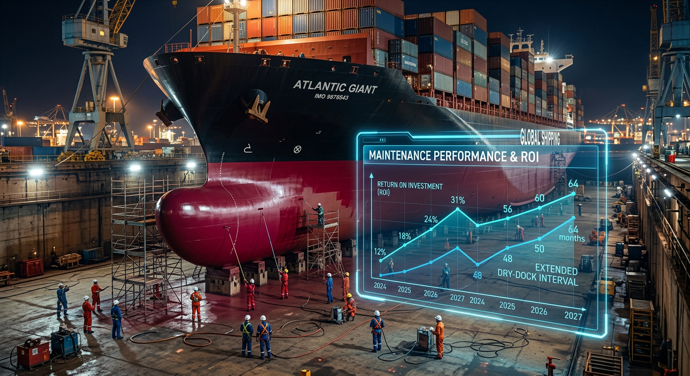 A wide-angle shot of a colossal container ship in a dry dock with workers applying paint, featuring a digital overlay showing rising ROI.