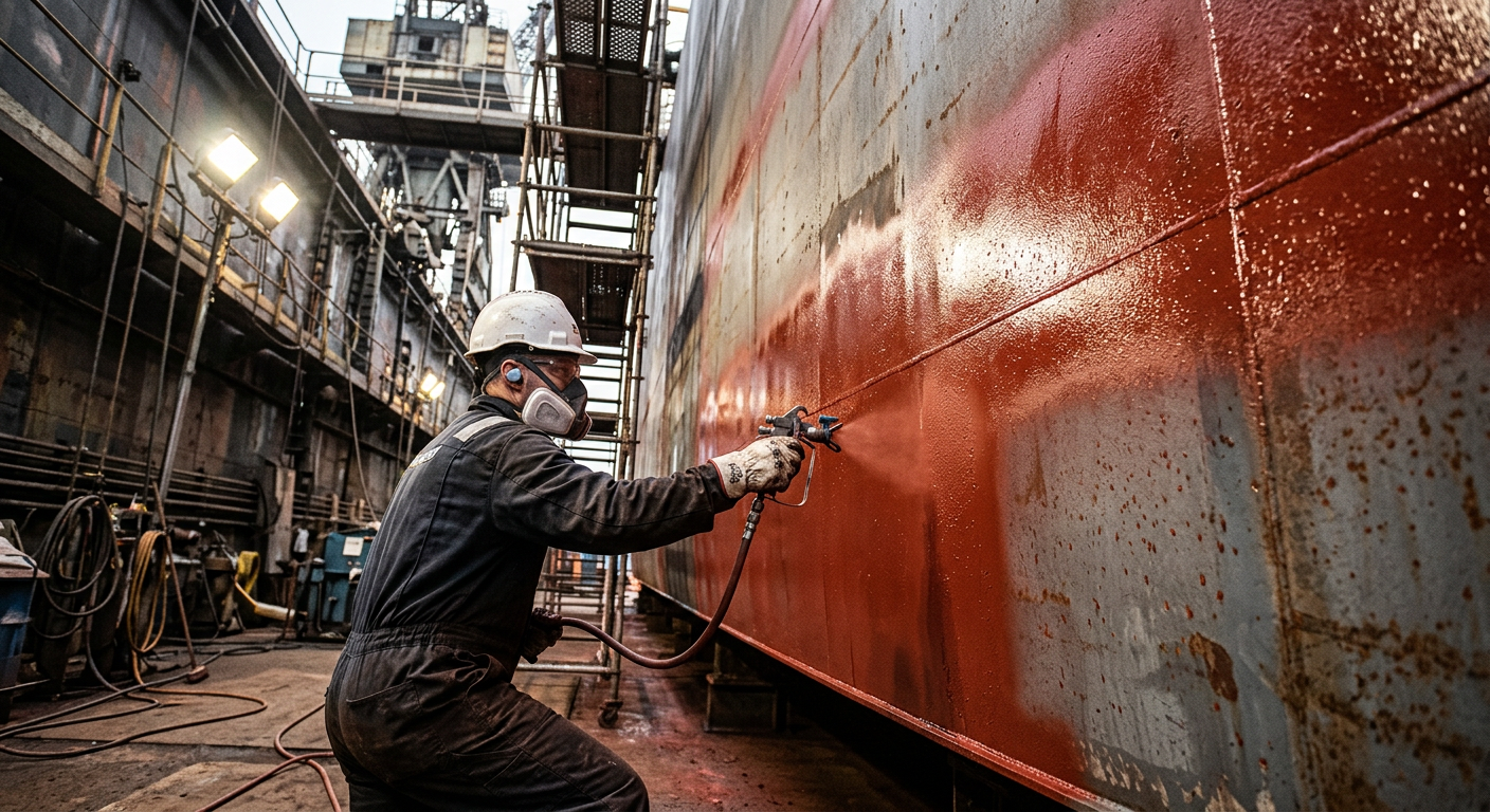 Shipyard worker spray-applying iron-oxide red epoxy primer on ship hull in dry dock