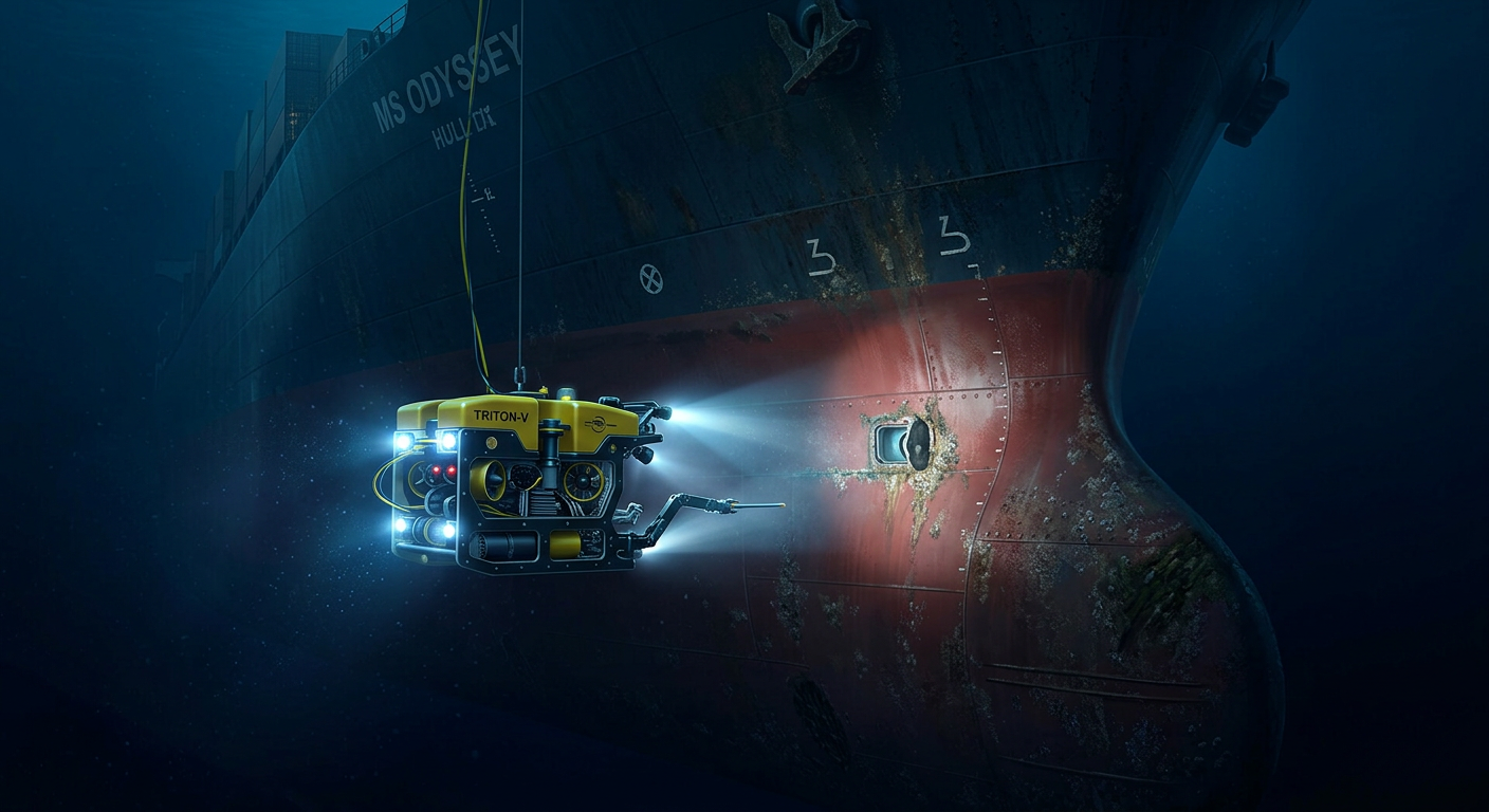 ROV inspecting smooth antifouling coating on submerged cargo ship hull