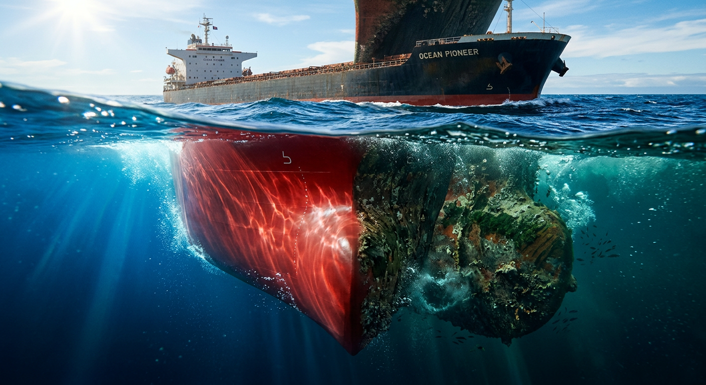 A dramatic underwater split-shot of a massive cargo ship hull with clean red antifouling paint versus biofouled surface