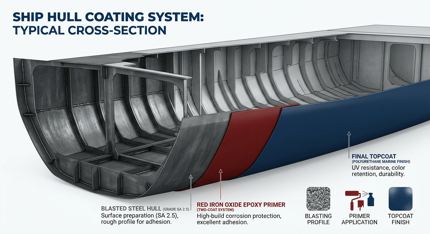 Technical illustration of a cross-section of a ship's steel hull, showing labeled layers: blasted steel, a red iron oxide epoxy primer, and a final topcoat
