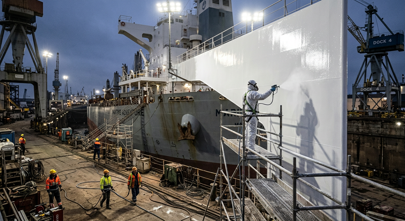 A massive commercial vessel in a dry dock where a painter expertly spray-applies high-gloss white polyurethane paint