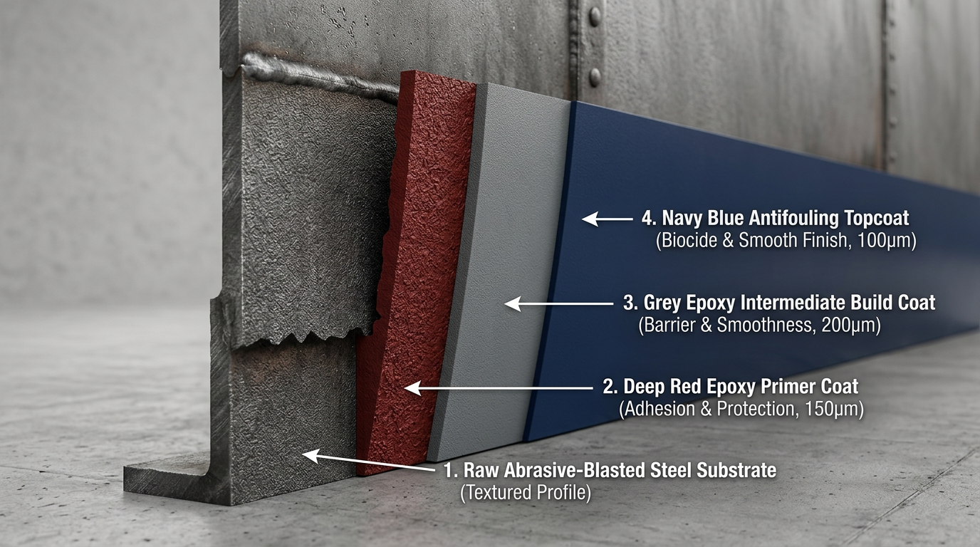 A photorealistic technical illustration showing a detailed cross-section of a ship's hull. The image highlights the multi-layered coating system: a deep red epoxy primer on profiled steel, a grey intermediate coat, and a smooth navy blue antifouling layer. Clean, bright studio lighting emphasizes the textures and synergy of the layers, set against a neutral background.