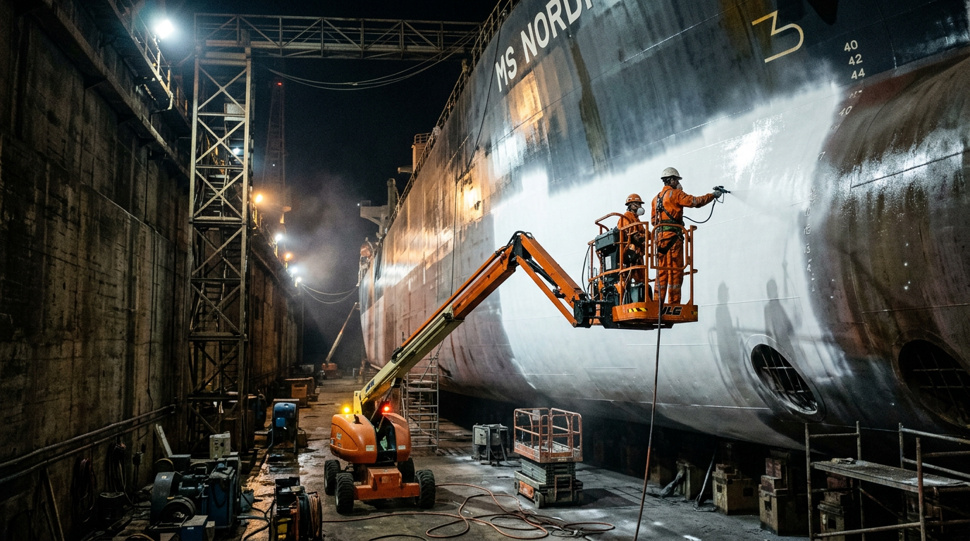 Cinematic, wide-angle shot from inside a massive drydock. Workers in orange protective gear on a high-reach lift use airless sprayers to apply a brilliant white polyurethane topcoat to the immense hull of a cargo ship. Dramatic industrial lighting casts long shadows, highlighting the wet paint's gleam and the gritty, atmospheric details of the shipyard.