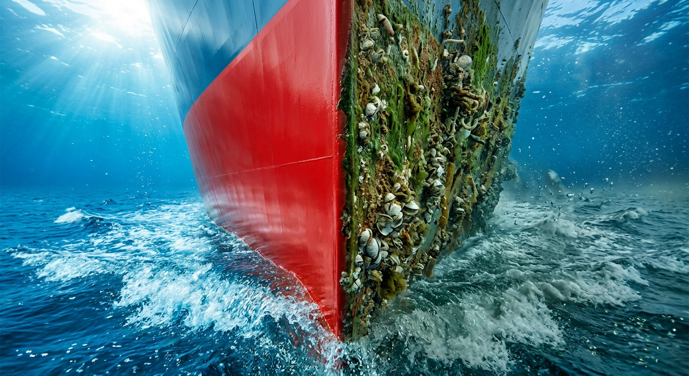 Dramatic underwater close-up of a ship's hull. One half is a pristine red foul-release coating; the other half is covered in green slime, algae, and barnacles.