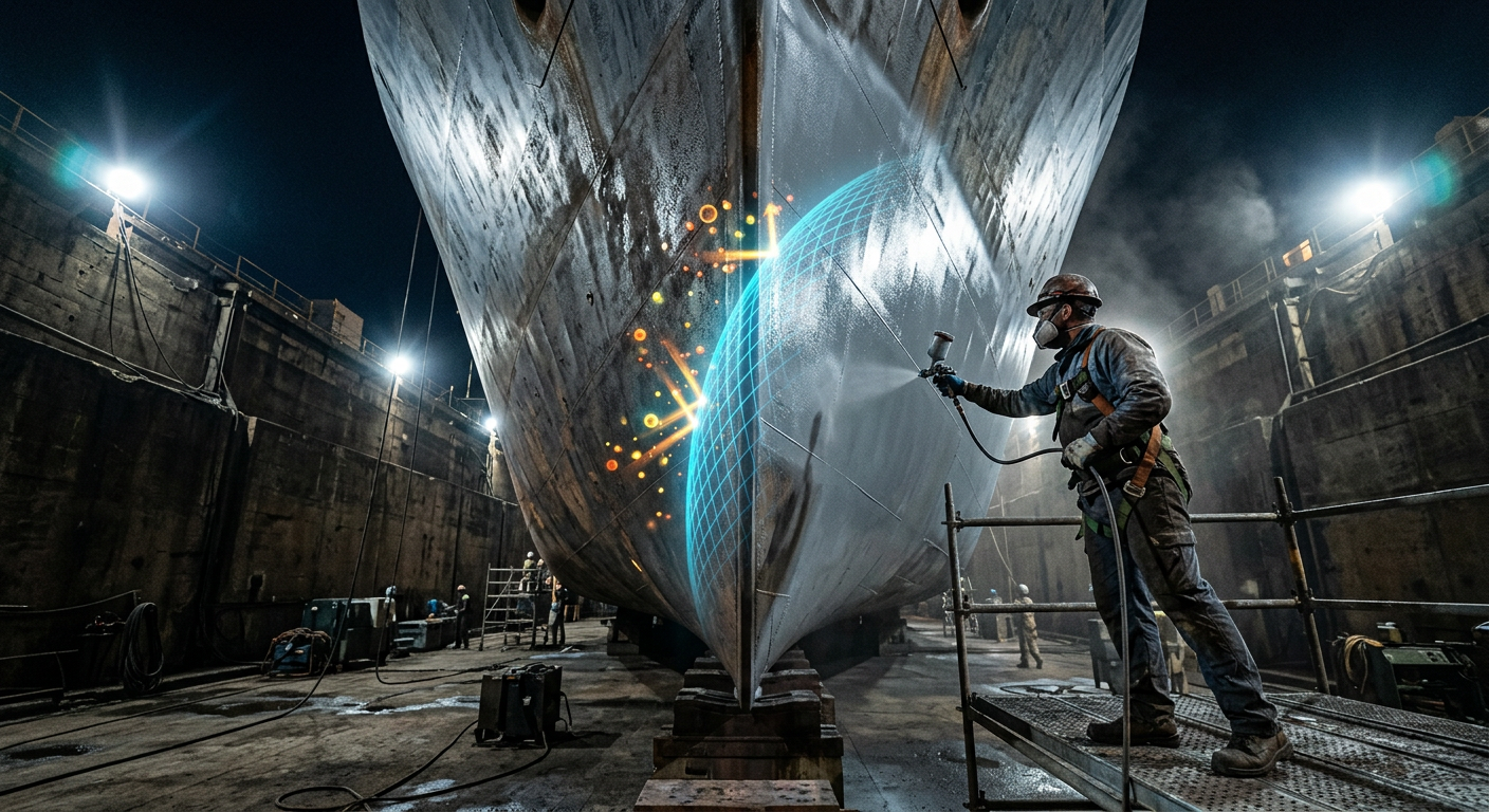 Cinematic shot inside a dry dock showing a worker spraying a high-performance metallic gray anti-corrosive primer onto a ship's steel hull.