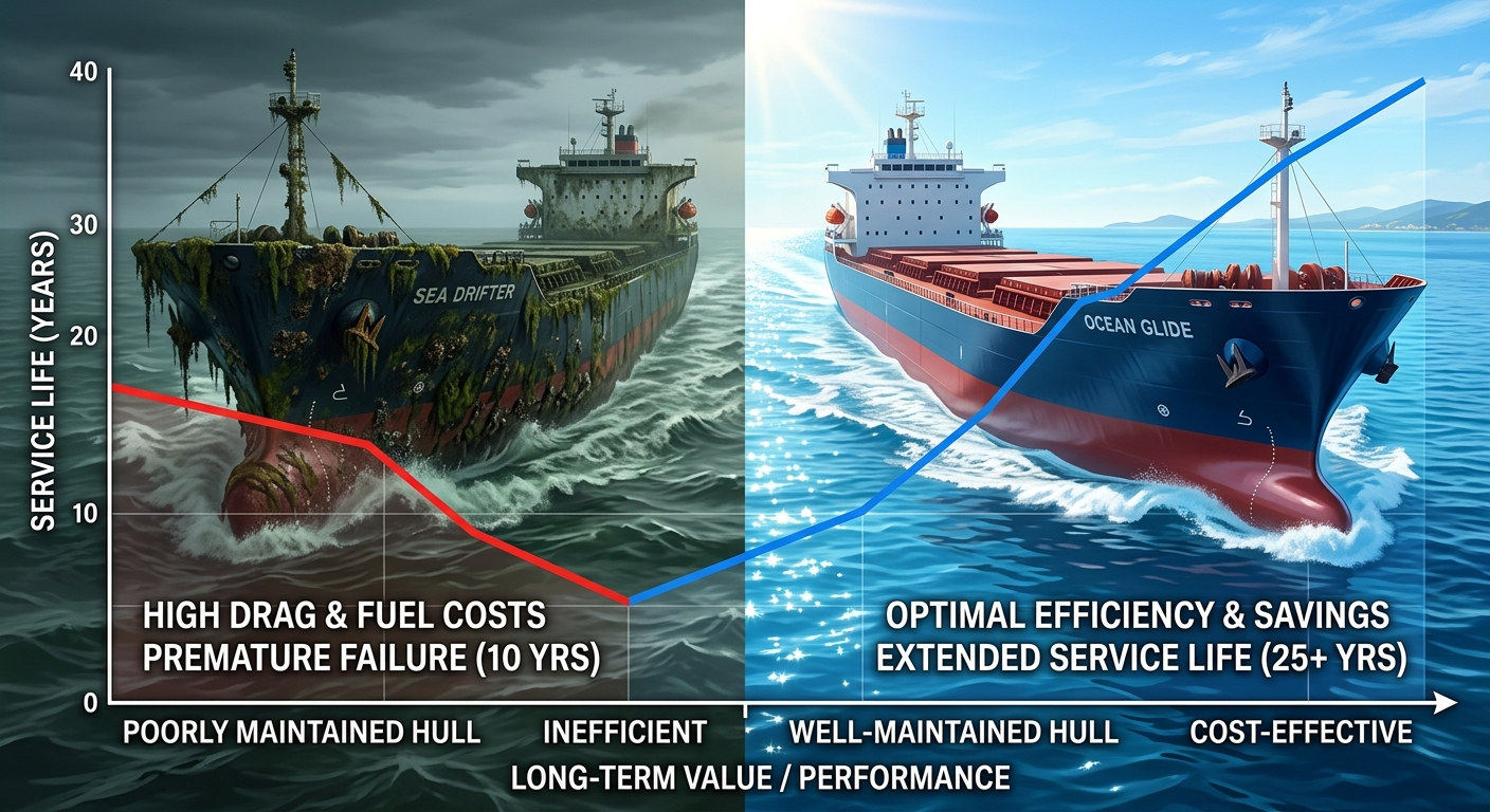 A high-definition digital illustration using a split-screen effect to demonstrate long-term value. On the left, a ship's hull is covered in murky green and brown marine growth, creating drag in dark water. On the right, the same hull is pristine and smooth, cutting cleanly through bright, sunlit blue water.