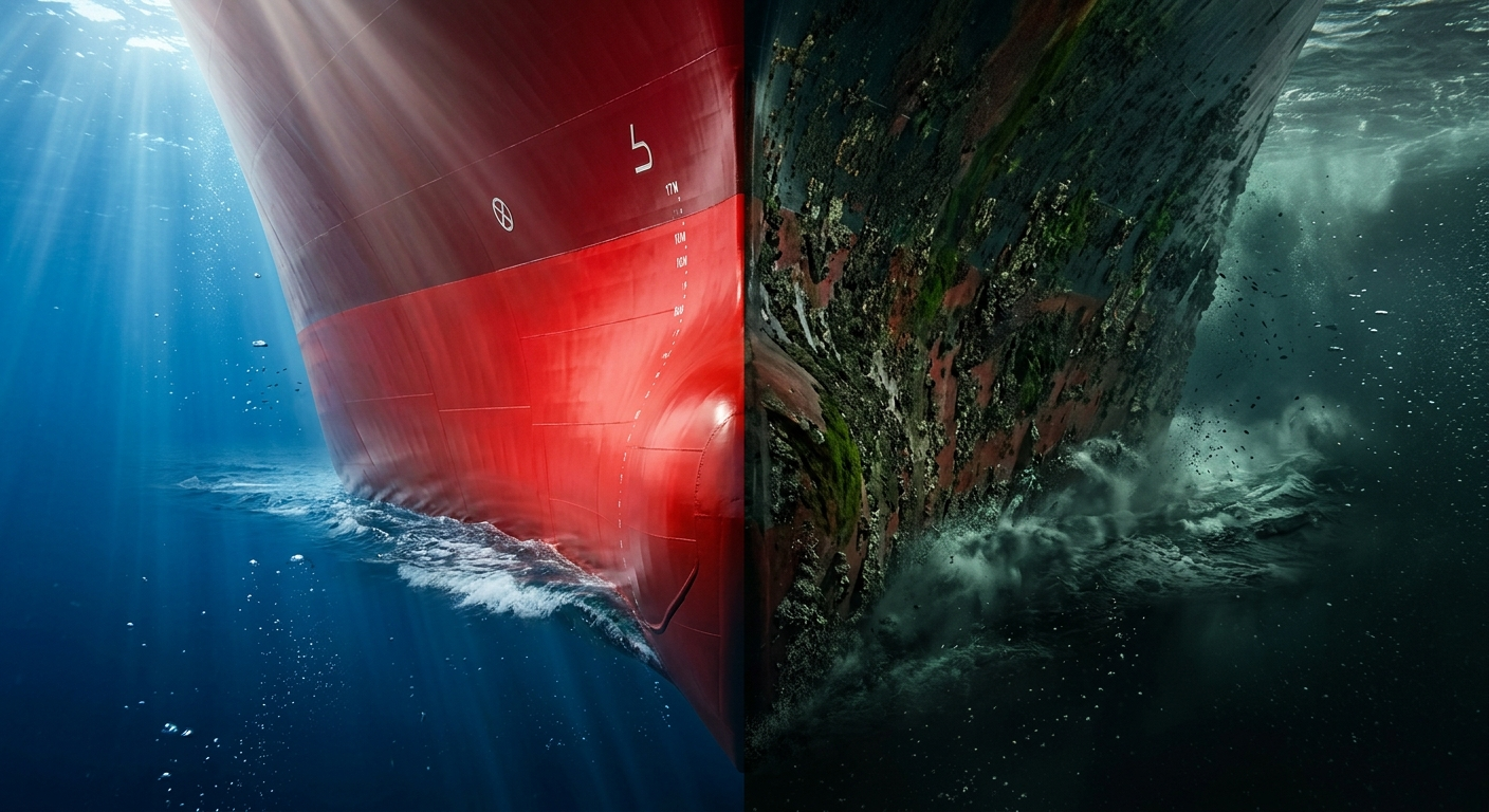 Underwater split-screen container ship hull antifouling comparison with clean high-performance red paint versus fouled algae and barnacles