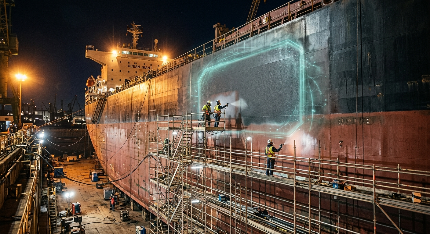 Cargo ship in dry-dock at night with workers applying durable protective hull coating on vast steel hull
