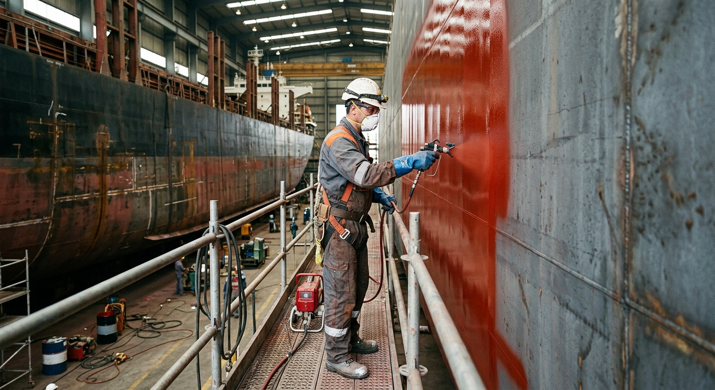 A professional shipyard worker in full protective gear applying a thick, vibrant iron-oxide red epoxy primer to the hull of a large vessel in a dry dock