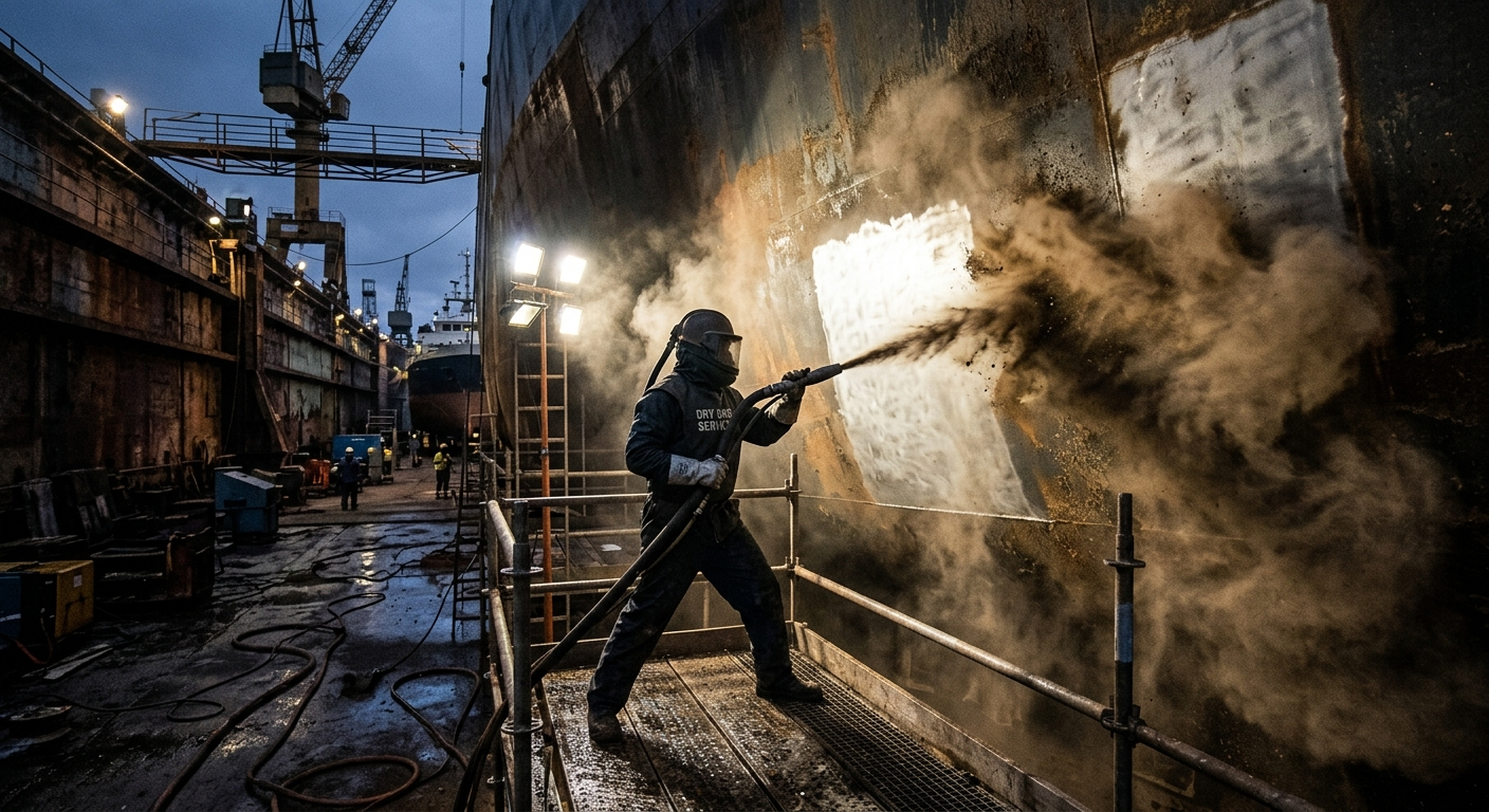 A dynamic wide-angle shot of a worker in a dry dock using a high-pressure abrasive blaster on a ship's hull, revealing pristine metal
