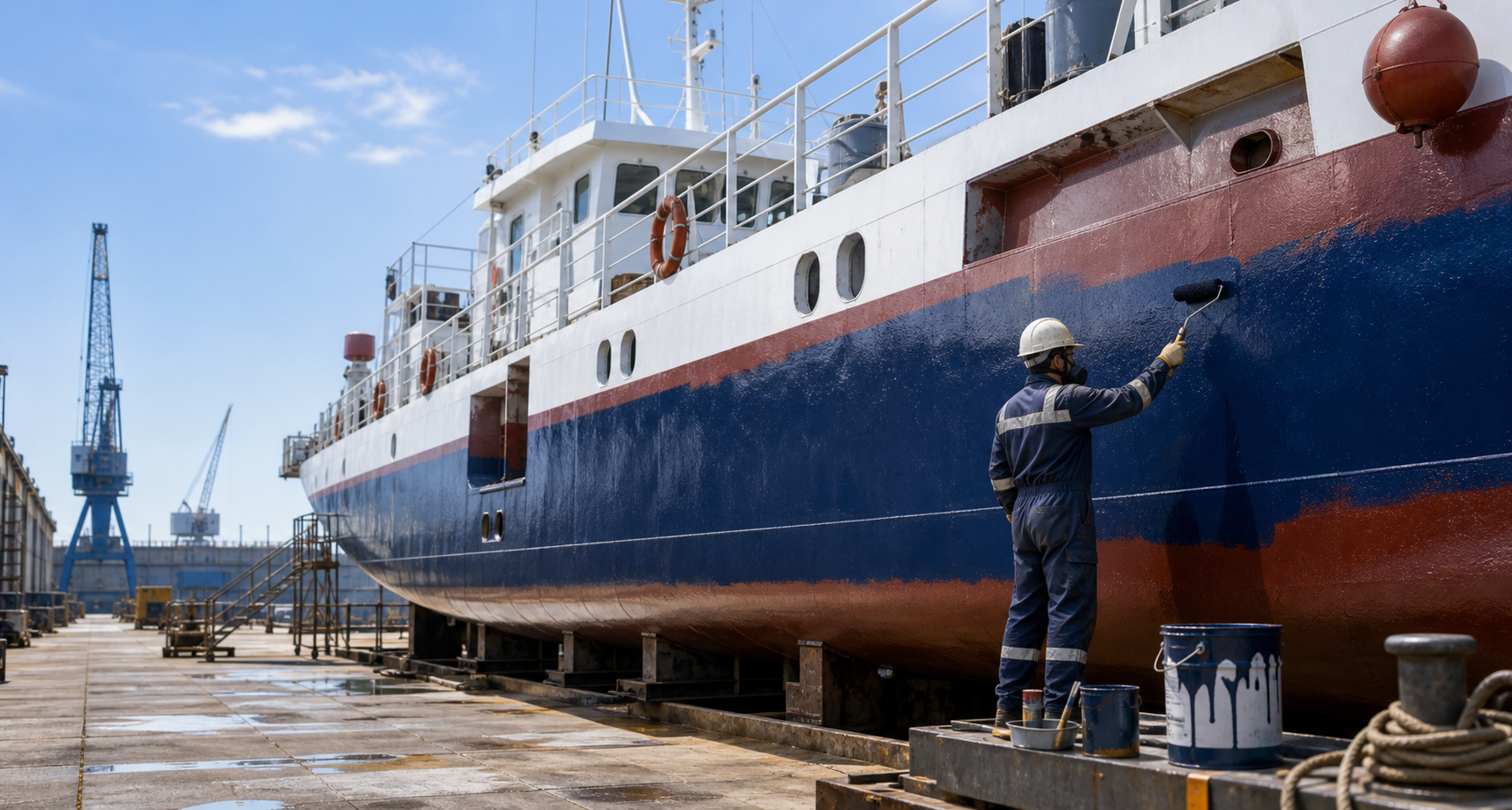 Marine alkyd paint maintenance repaint on vessel hull and deck