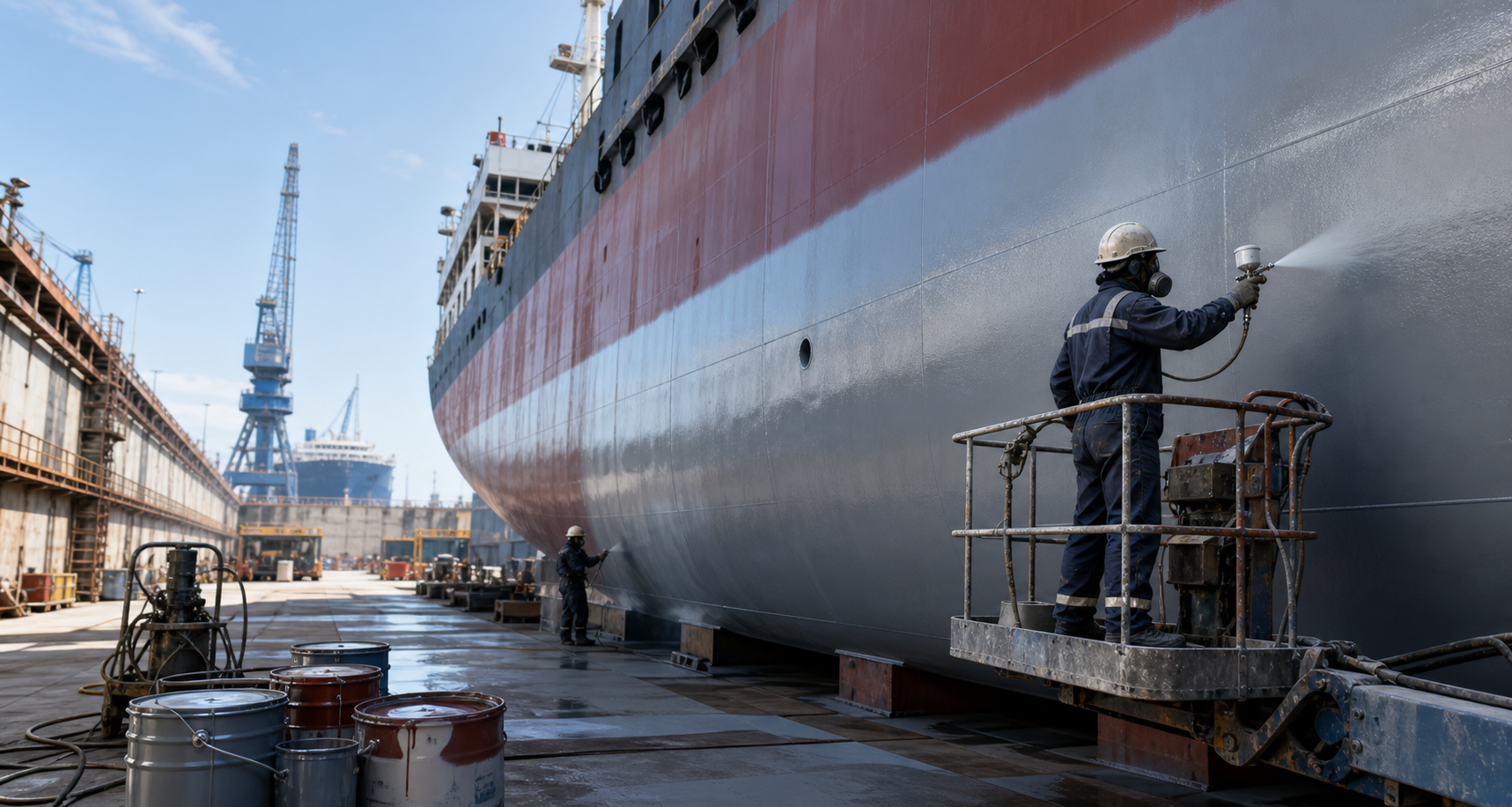 Marine epoxy primer application on ship steel in dry dock