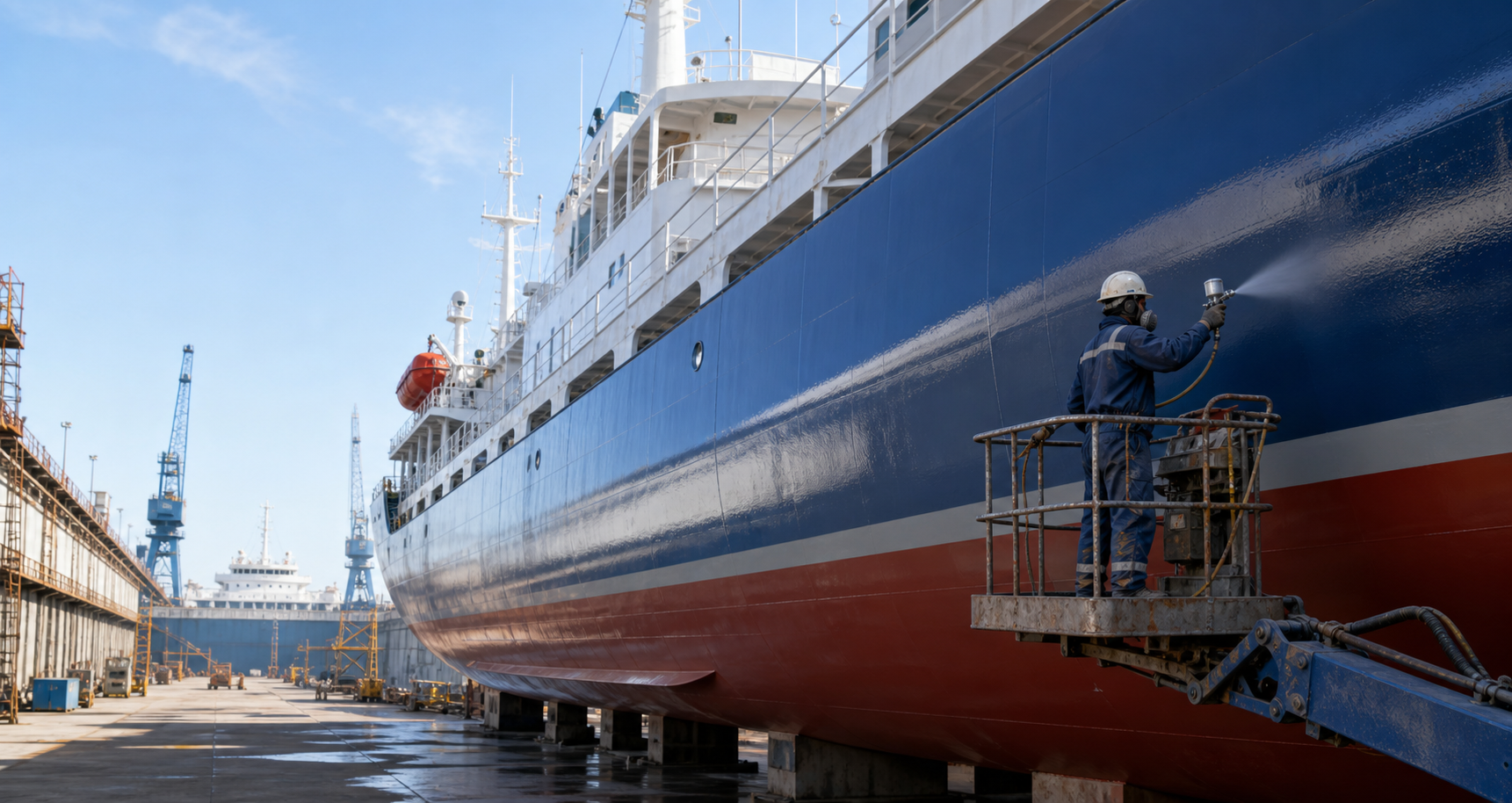 Marine polyurethane paint sprayed on ship exterior in dry dock