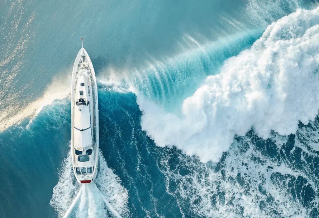 a sleek container ship plows through the ocean w